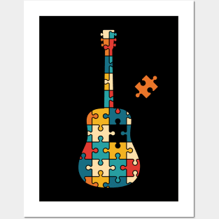 Retro Style Puzzle Acoustic Guitar Silhouette Posters and Art